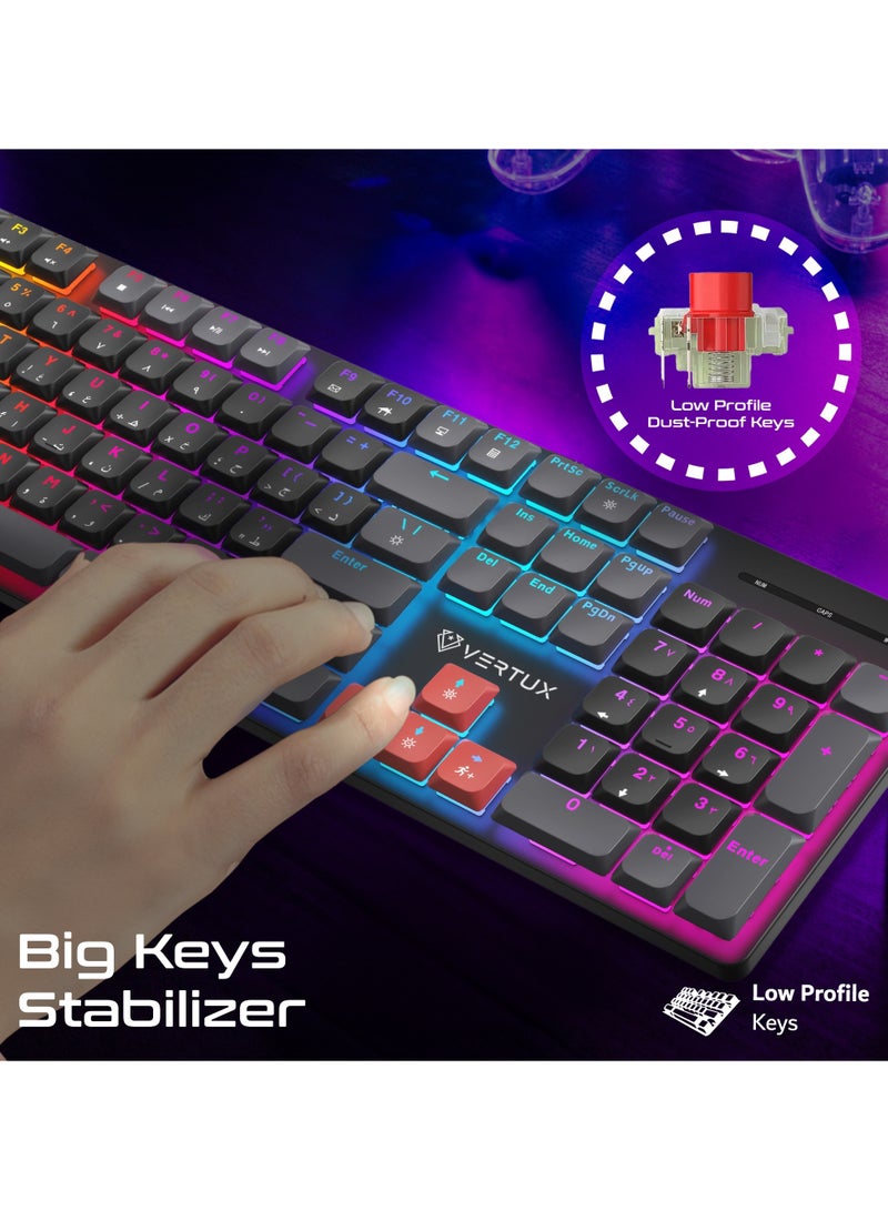 VERTUX Full-Size Mechanical Keyboard for Gamers With 17 LED Rainbow Modes, Low-Profile Dust-Proof Keys, 26 Anti-Ghosting Keys, and Stabilized Big Keys and Superior Performance – StealthKey English - Image 3
