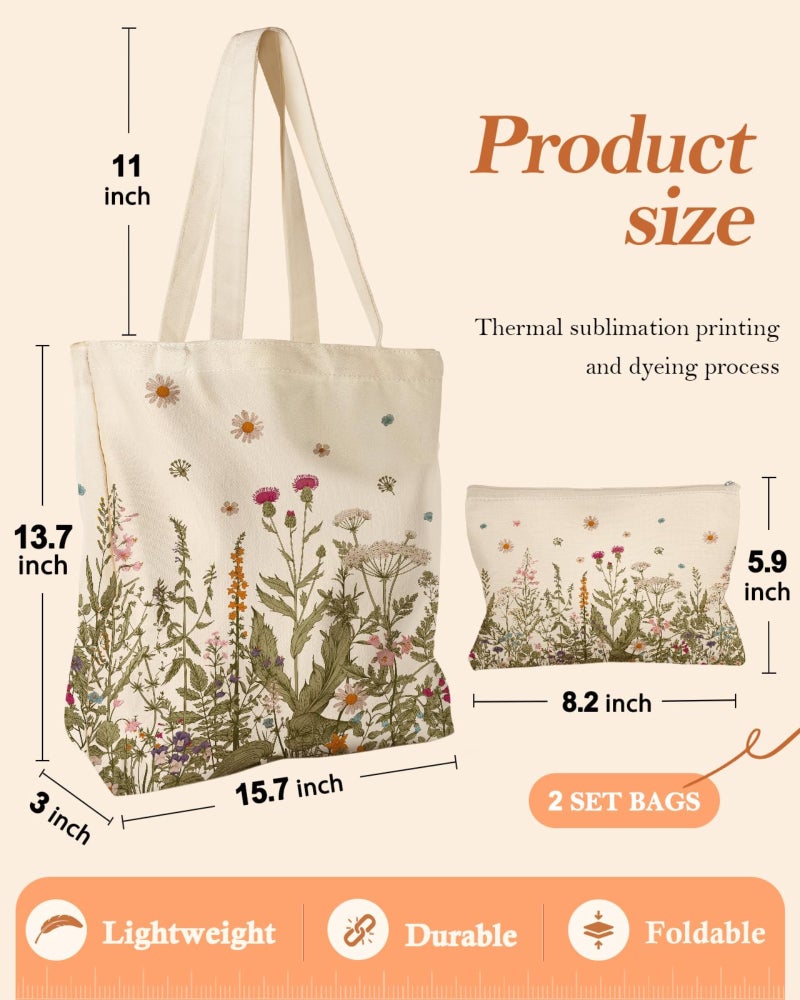 Reusable Canvas Tote: 2-Piece Set, High-Quality Cotton Canvas, Heat-Sublimation Process - Durable Sturdy Handles, Versatile Casual Style, Washable Fabric, Secure Zippered Bag for Daily Use Travel Shop - Image 3
