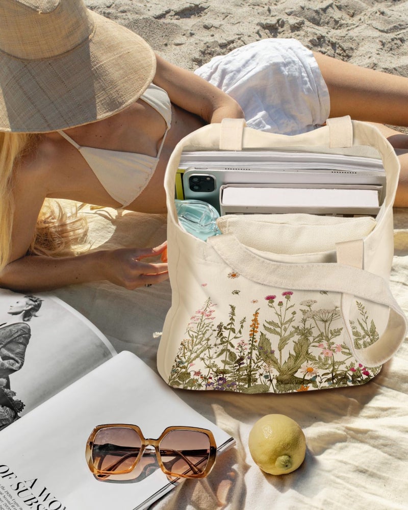 Reusable Canvas Tote: 2-Piece Set, High-Quality Cotton Canvas, Heat-Sublimation Process - Durable Sturdy Handles, Versatile Casual Style, Washable Fabric, Secure Zippered Bag for Daily Use Travel Shop - Image 5