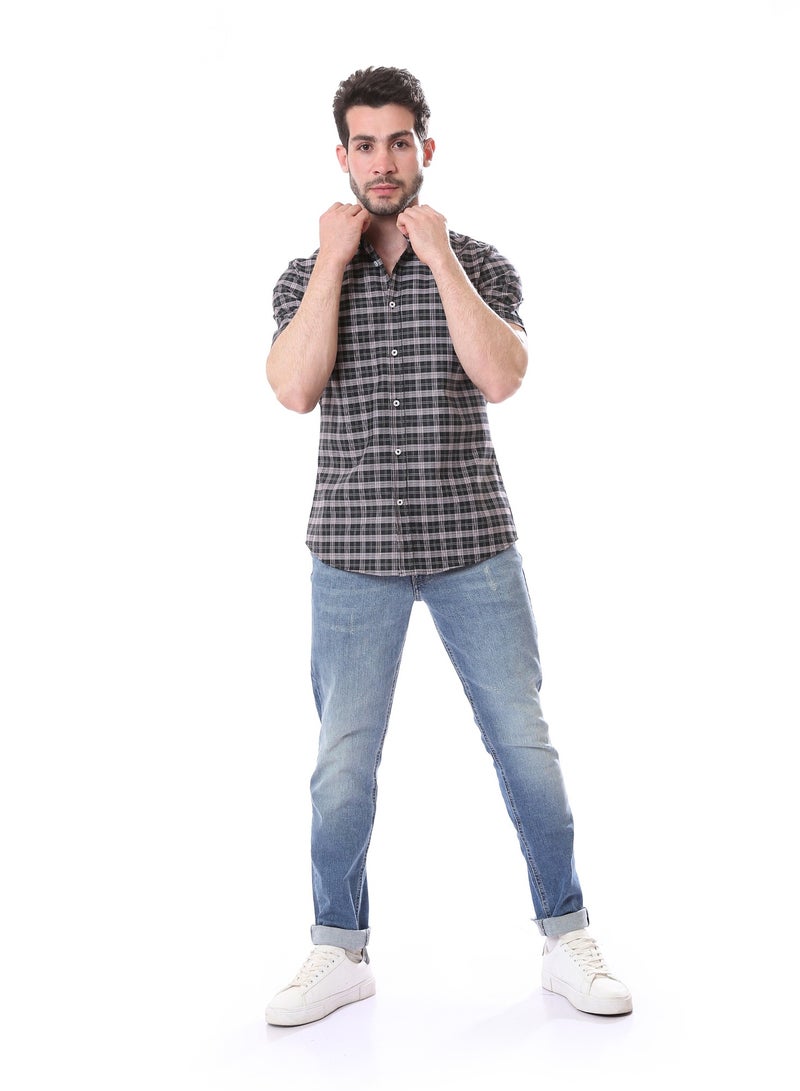 Andora Bi-Tone Plaids Short Sleeves Shirt - Black & White  - Image 1