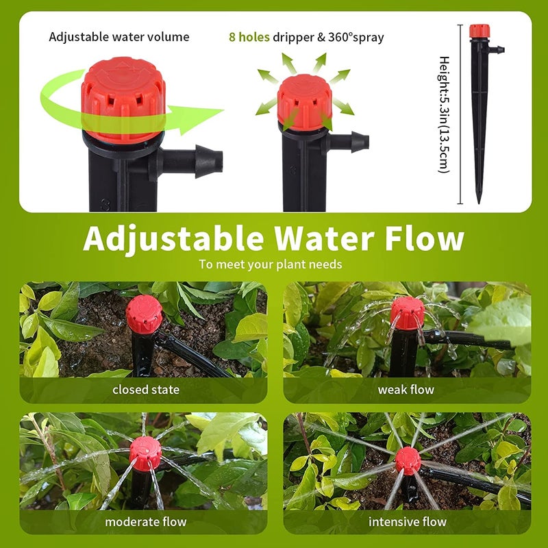 Hakioi 100 pcs Drip Emitters for 1/4" Drip Irrigation Tubing, Adjustable 360 Degree Water Flow Drippers for Drip Irrigation on 5" Arrow Stake for Garden Watering System Flower Plant - Image 2