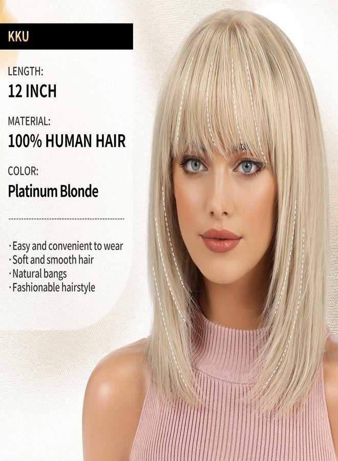 KKU 12 Inch Human Hair Wig, Layered Human Hair Wigs with Bangs, Wear Natural Realism for Daily Use (Ash Platinum Blonde) - Image 2