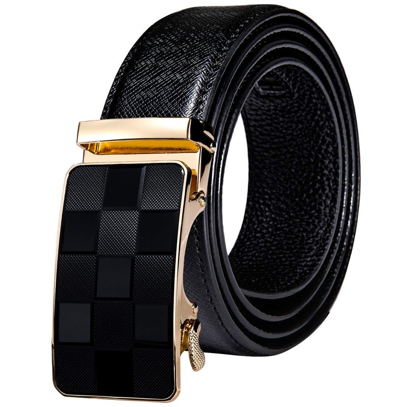 Dubulle Dubulle Men's Ratchet Belts Black Gold Chessboard Automatic Buckle Sliding Leather Strap Business Casual Belt Gift - Adjustable Cut to Fit  - Image 1