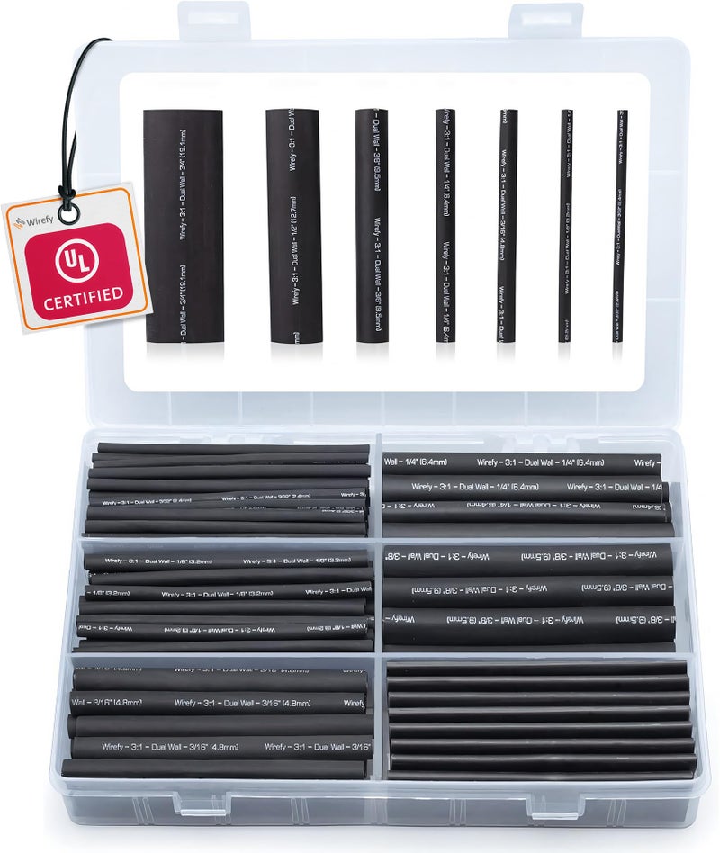 Wirefy Heat Shrink Tubing Kit 180 PCS - 3:1 Ratio Adhesive Lined, Wire Shrink Wrap Tubing - Industrial Heat-Shrink Tubing - Black - Shrink Wrap Tubing | Trusted UL Certification - Image 1