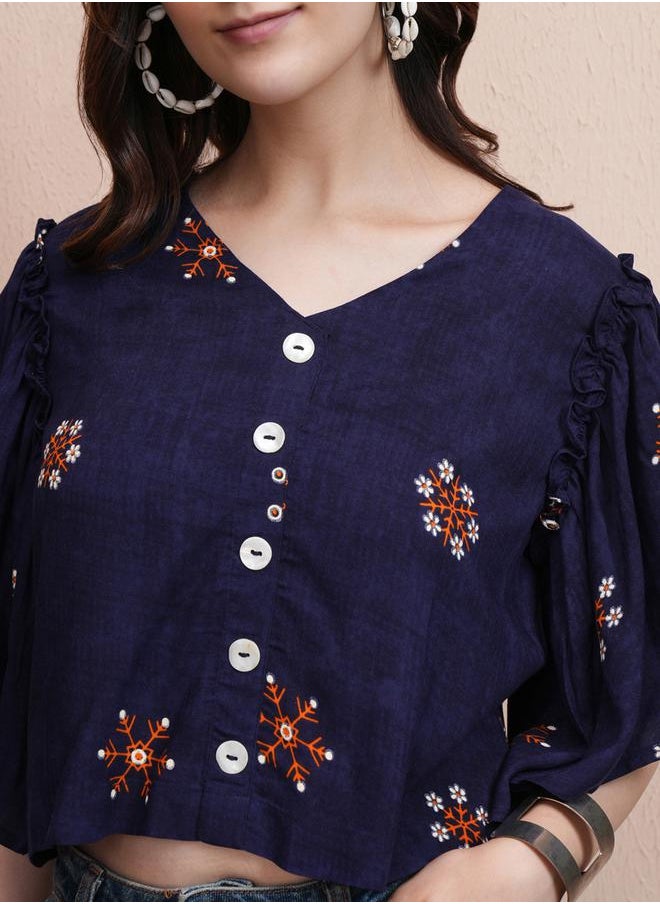 Vishudh Floral Print Flared Sleeves Crop Top by Styli  - Image 5