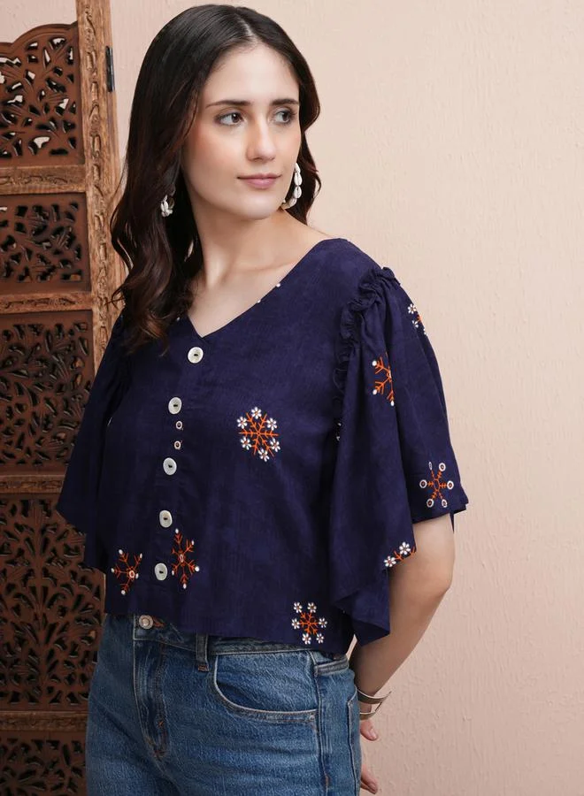 Vishudh Vishudh Floral Print Flared Sleeves Crop Top