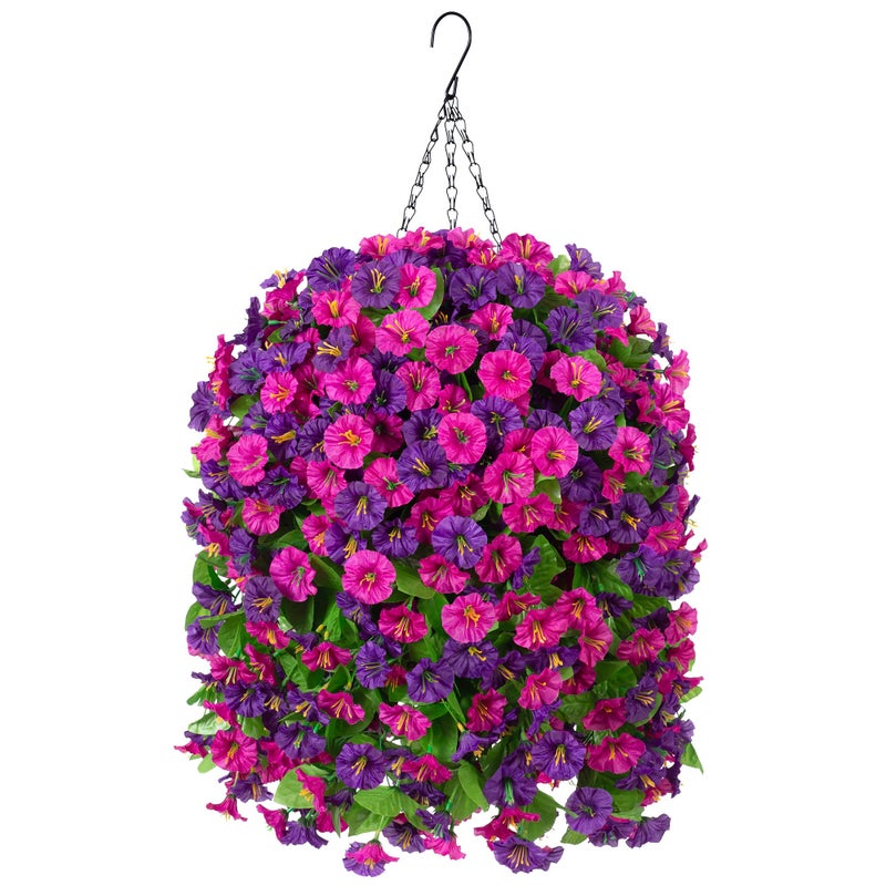 Ammyoo Artificial Fake Hanging Flowers Basket for Spring Decor, Faux Silk Flower in Planter for Summer, Outdoor Artificial Floral for Home Porch Yard(Purple-red Deep Purple) - Image 1