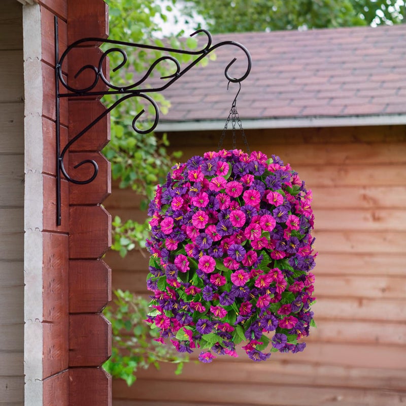 Ammyoo Artificial Fake Hanging Flowers Basket for Spring Decor, Faux Silk Flower in Planter for Summer, Outdoor Artificial Floral for Home Porch Yard(Purple-red Deep Purple) - Image 2