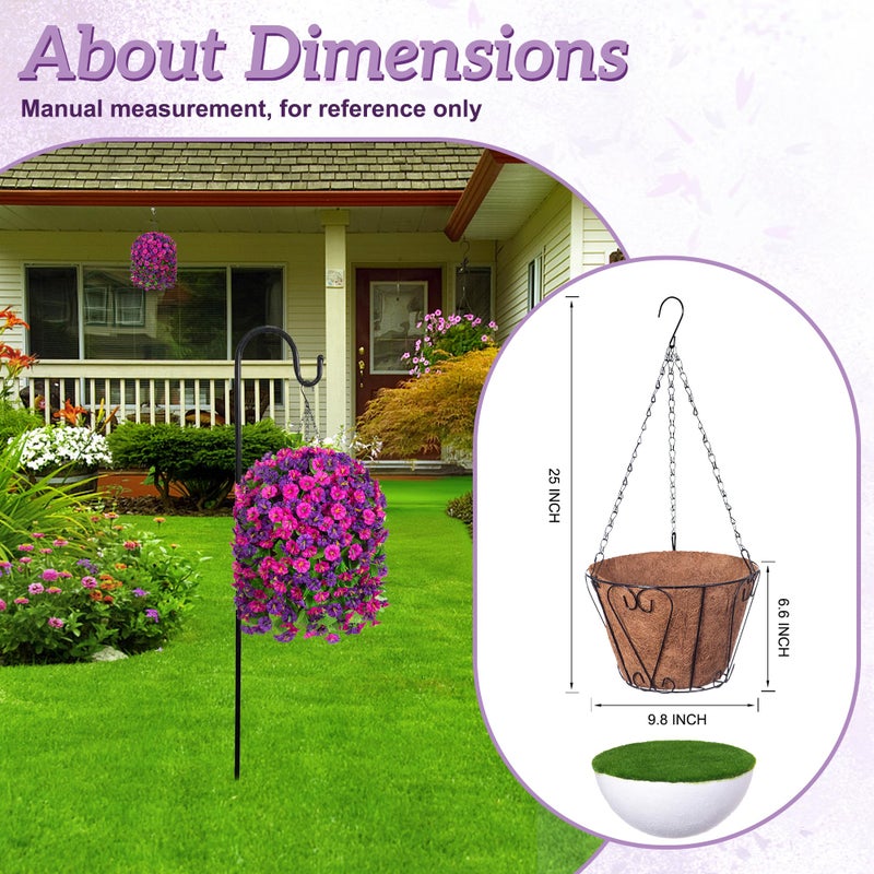 Ammyoo Artificial Fake Hanging Flowers Basket for Spring Decor, Faux Silk Flower in Planter for Summer, Outdoor Artificial Floral for Home Porch Yard(Purple-red Deep Purple) - Image 4