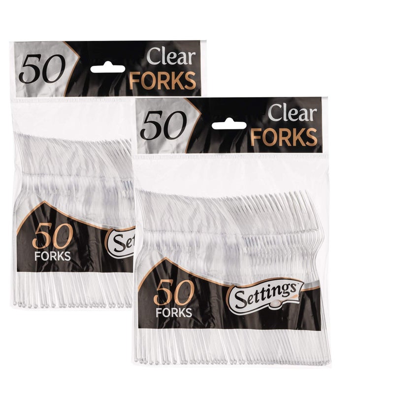 100 Count Settings Plastic Clear Forks Heavyweight Disposable Cutlery Great For Home Office School Party Picnics Restaurant Takeout Fast Food Outdoor Events Or Every Day Use 2 Bags