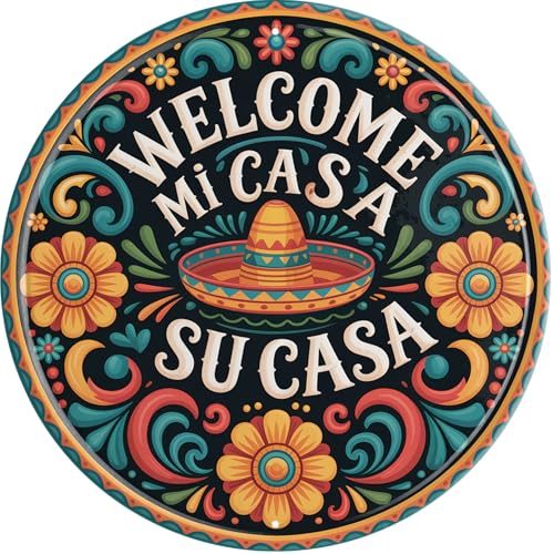 AWISZZZ Mi Casa Su Casa Metal Sign 8x8in Round Vintage Plaque for Entryway Wall Decor Spanish Welcome Gift - Image 1