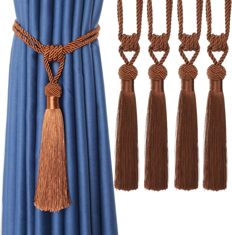 Curtain Tiebacks Handmade Braided Rope, Hand-Woven Ties Home Decorative Tassels Holdbacks(Light Coffee,4pcs) - Image 1