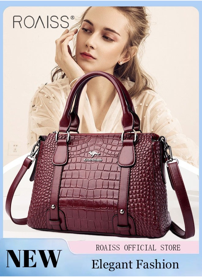 roaiss Leather Women Shoulder Bag Women's Handbag Elegant Patent Leather Bag Waterproof Handbag Shoulder Bag Fashion Crocodile Pattern Women Large Capacity Bag  - Image 1