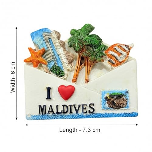 Krisah Maldives 3D Resin Fridge Magnet, I Love Maldives Travel Souvenir with Palm Tree, Beach Hut, Starfish, and Clownfish Design, 7.3 x 6 cm - Image 4