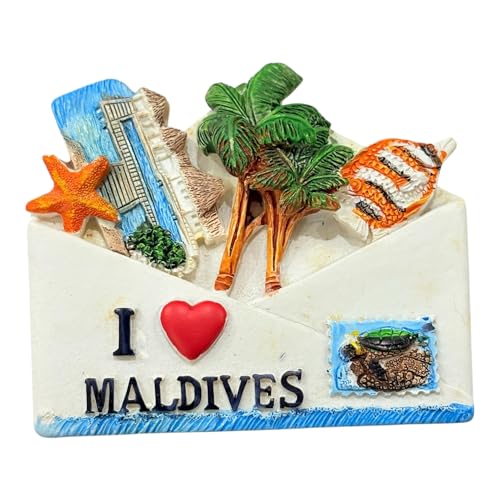 Krisah Maldives 3D Resin Fridge Magnet, I Love Maldives Travel Souvenir with Palm Tree, Beach Hut, Starfish, and Clownfish Design, 7.3 x 6 cm - Image 1