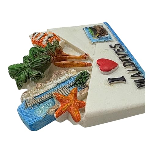 Krisah Maldives 3D Resin Fridge Magnet, I Love Maldives Travel Souvenir with Palm Tree, Beach Hut, Starfish, and Clownfish Design, 7.3 x 6 cm - Image 3