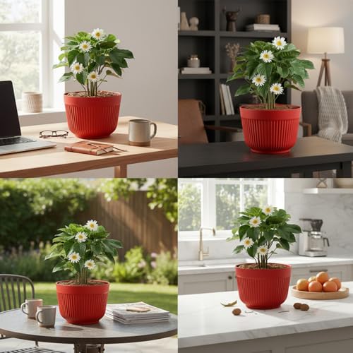 IMAGINEA 12 Inch Plastic Flower Pots for Plants | Pack of 6 | Indoor & Outdoor Garden Pots with Drainage | Durable, Lightweight, and Stylish Stackable Planters (Red) - Image 5