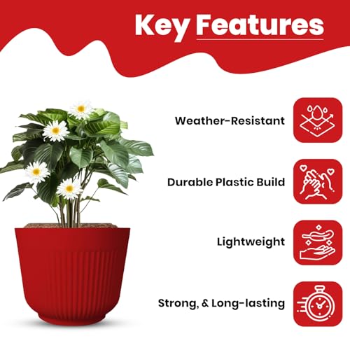 IMAGINEA 12 Inch Plastic Flower Pots for Plants | Pack of 6 | Indoor & Outdoor Garden Pots with Drainage | Durable, Lightweight, and Stylish Stackable Planters (Red) - Image 3