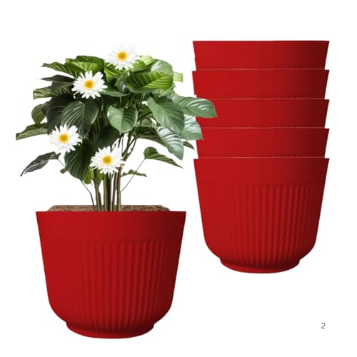 IMAGINEA 12 Inch Plastic Flower Pots for Plants | Pack of 6 | Indoor & Outdoor Garden Pots with Drainage | Durable, Lightweight, and Stylish Stackable Planters (Red) - Image 1