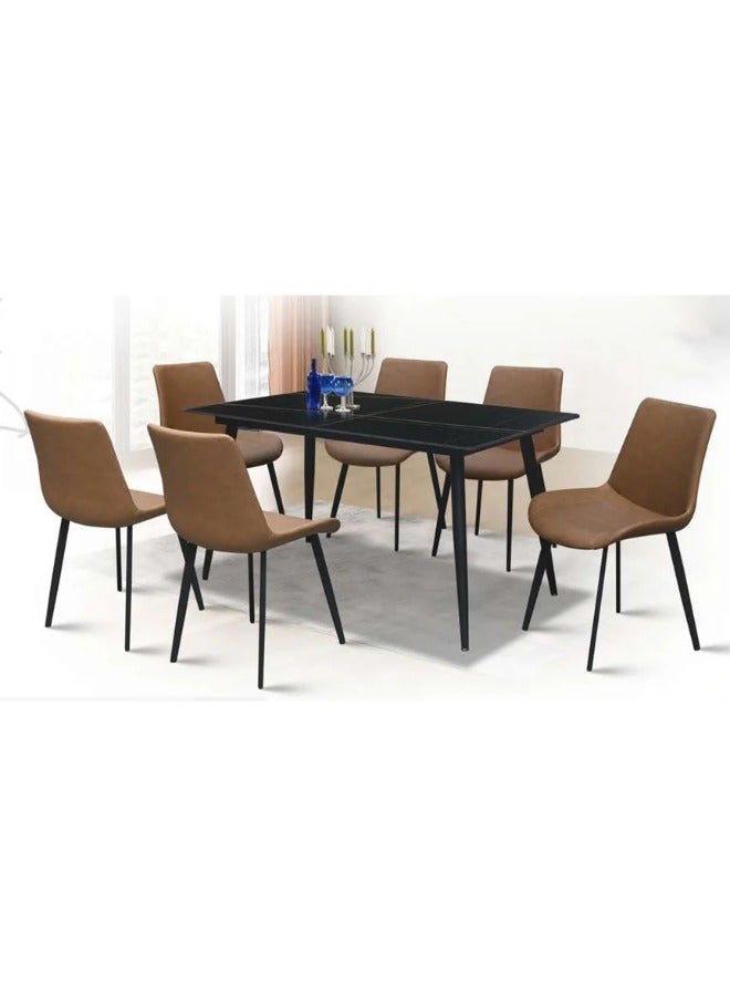 ALWASIT HOME Dining Table Set 6 Seater with Black Rectangular Marble Top Finish and Steel Legs, Brown PVC Leather Dining Chairs, Modern Dining Table Set for Dining Room and Living Space - Image 2