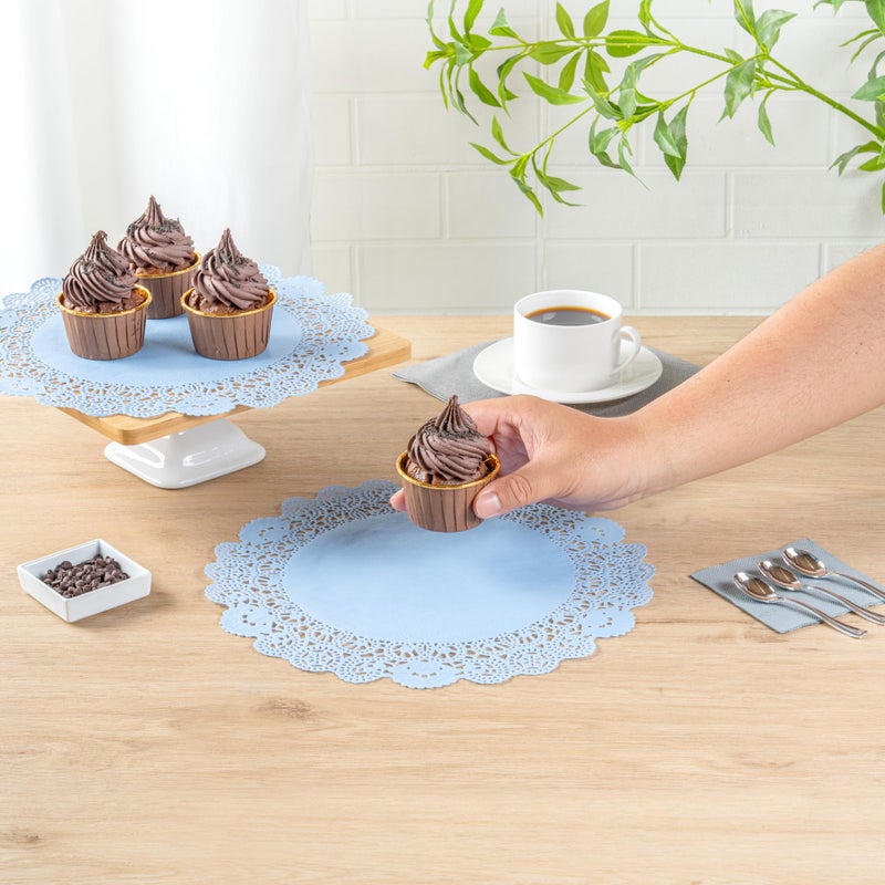Restaurantware Pastry Tek 12 x 12 Inch Paper Lace Doilies, 100 Disposable Table Doilies - Elegant Lace Finish, Long Lasting, SkyBlue Paper Doily, for Pastries, Cupcakes, Desserts - Restaurantware - Image 5