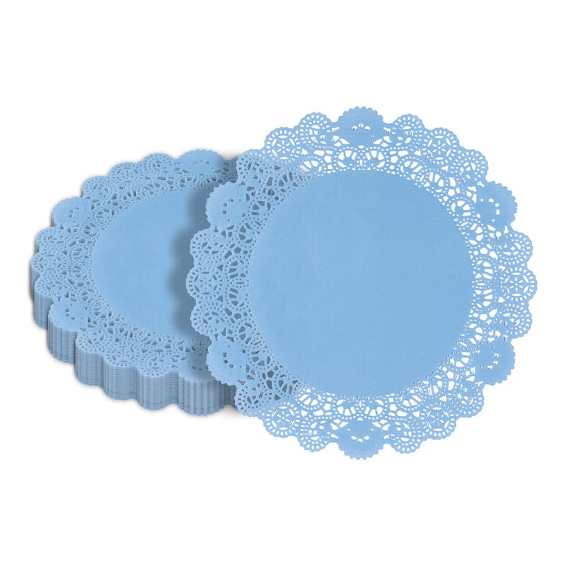 Restaurantware Pastry Tek 12 x 12 Inch Paper Lace Doilies, 100 Disposable Table Doilies - Elegant Lace Finish, Long Lasting, SkyBlue Paper Doily, for Pastries, Cupcakes, Desserts - Restaurantware - Image 1