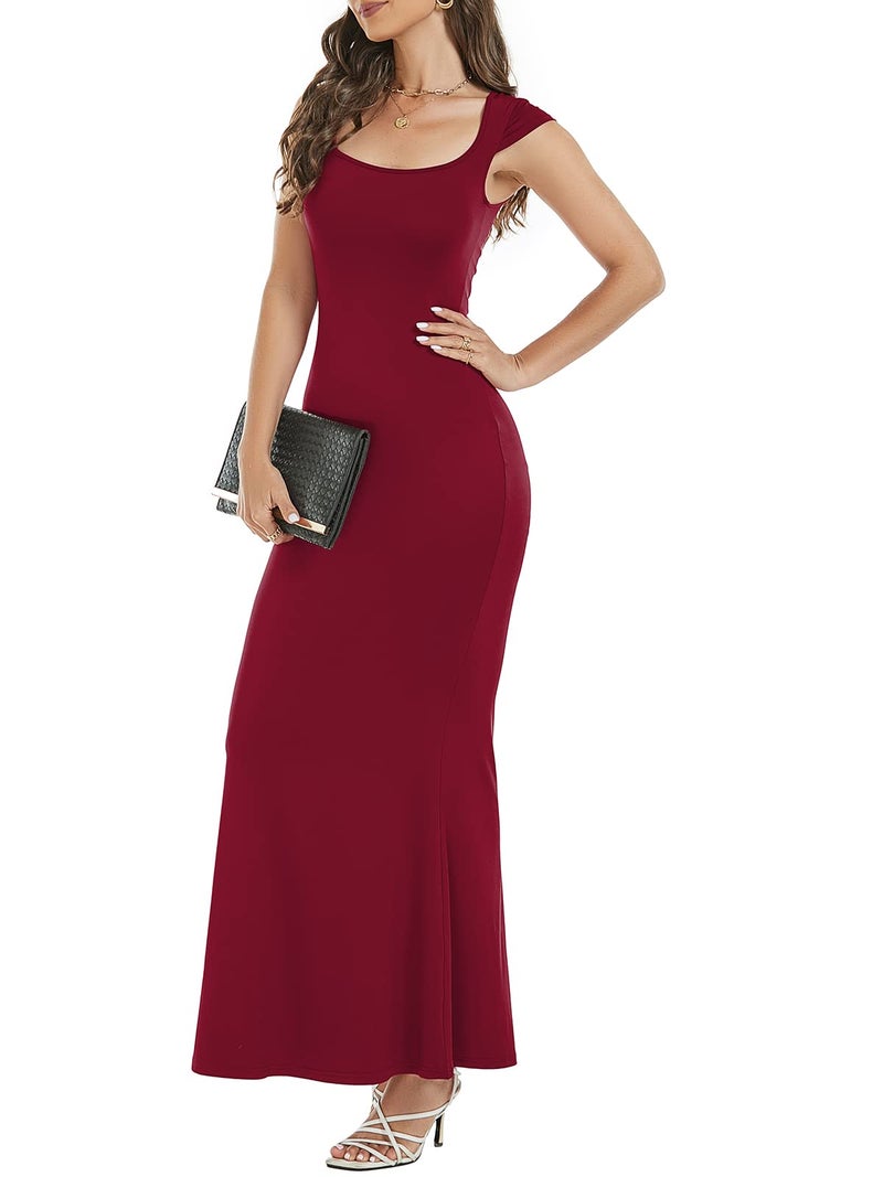 Mokayee Womens Summer Burgundy Cap Sleeve Square Neck Sexy Bodycon Tight Fishtail Streetwear Lounge Night Out Long Dress L - Image 4