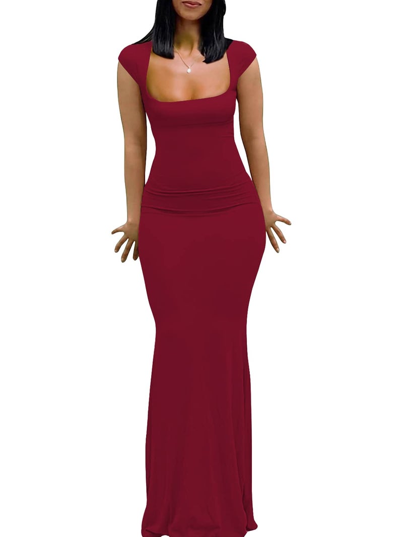 Mokayee Womens Summer Burgundy Cap Sleeve Square Neck Sexy Bodycon Tight Fishtail Streetwear Lounge Night Out Long Dress L - Image 1