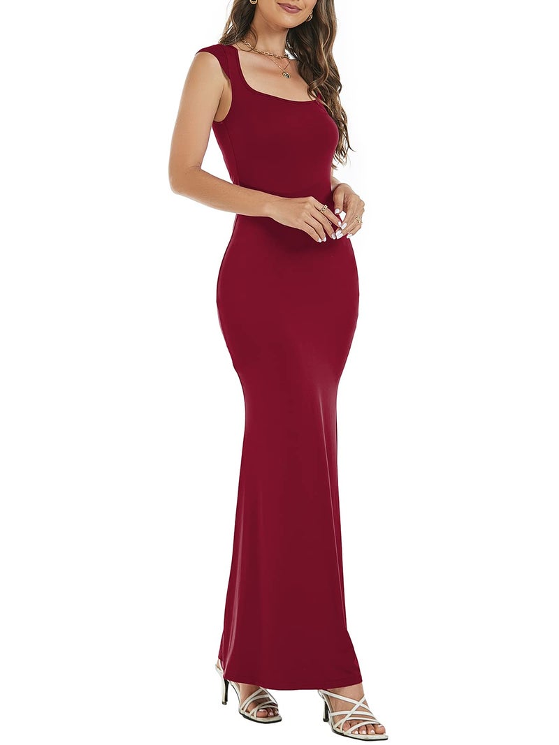 Mokayee Womens Summer Burgundy Cap Sleeve Square Neck Sexy Bodycon Tight Fishtail Streetwear Lounge Night Out Long Dress L - Image 3