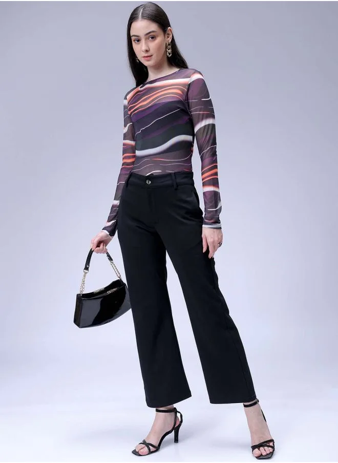 Freehand Women Fitted Partywear Abstract Print Round Neck Top