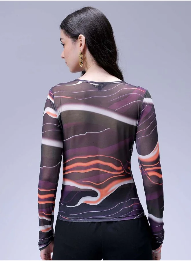 Freehand Women Fitted Partywear Abstract Print Round Neck Top