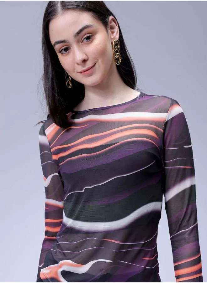 مرفوعة Women Flared Black Printed Round Neck Long Sleeve Top