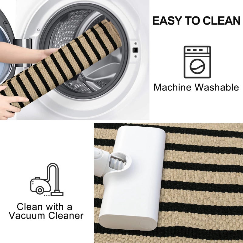 LEEVAN Collive Black and Tan Outdoor Rugs  3x5 Stripe Front Porch Rugs Hand-Woven Front Door Mat  Washable Cotton Reversible Entry Rugs Layered Doormats for Outside Entrance Patio Balcony Living Room Kitchen - Image 4