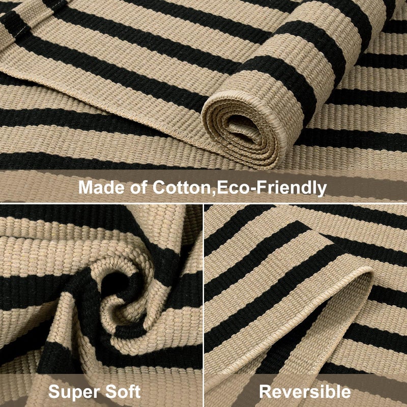 LEEVAN Collive Black and Tan Outdoor Rugs  3x5 Stripe Front Porch Rugs Hand-Woven Front Door Mat  Washable Cotton Reversible Entry Rugs Layered Doormats for Outside Entrance Patio Balcony Living Room Kitchen - Image 3