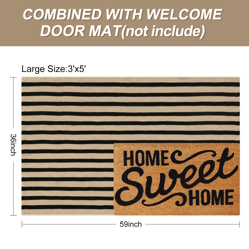 LEEVAN Collive Black and Tan Outdoor Rugs  3x5 Stripe Front Porch Rugs Hand-Woven Front Door Mat  Washable Cotton Reversible Entry Rugs Layered Doormats for Outside Entrance Patio Balcony Living Room Kitchen - Image 5