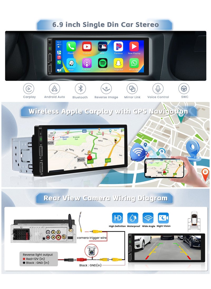 زيستيك - راديو سيارة لاسلكي Apple CarPlay مقاس 6.9 بوصة مع كاميرا احتياطية، شاشة لمس Din واحدة، بلوتوث 5.1، راديو سيارة Android Auto، Mirror Link EQ، مشغل وسائط متعددة للسيارة FM مع 2USB SWC MIC + جهاز تحكم عن بعد - Image 1