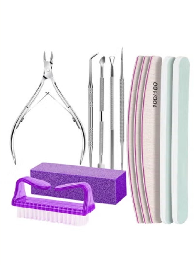 General Manicure and Pedicure Tools Kit, Nail Files 100/180, Nail Buffer Block, Nail Cuticle Nippers, Cuticle Pusher, Cuticle Peeler, Nail Lifter for Ingrown Toenails, Toenail File, Purple  - Image 1