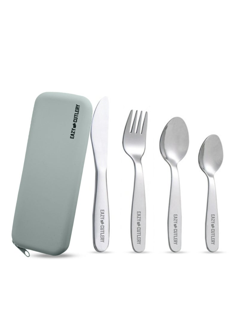 Eazy Kids - Set of 4 Cutlery (Spoon, Fork, Knife & Tea Spoon) w/ Silicon Pouch – Grey - Image 1
