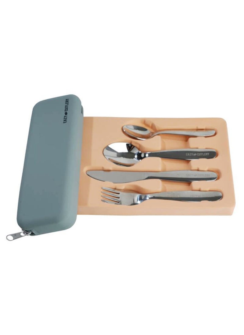 Eazy Kids - Set of 4 Cutlery (Spoon, Fork, Knife & Tea Spoon) w/ Silicon Pouch – Grey - Image 1