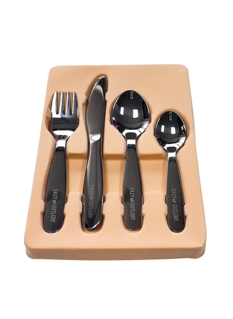 Eazy Kids - Set of 4 Cutlery (Spoon, Fork, Knife & Tea Spoon) w/ Silicon Pouch – Grey - Image 1