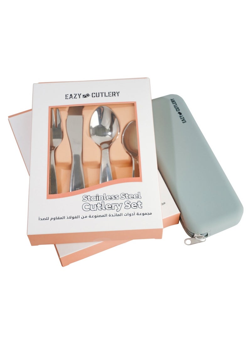 Eazy Kids - Set of 4 Cutlery (Spoon, Fork, Knife & Tea Spoon) w/ Silicon Pouch – Grey - Image 1