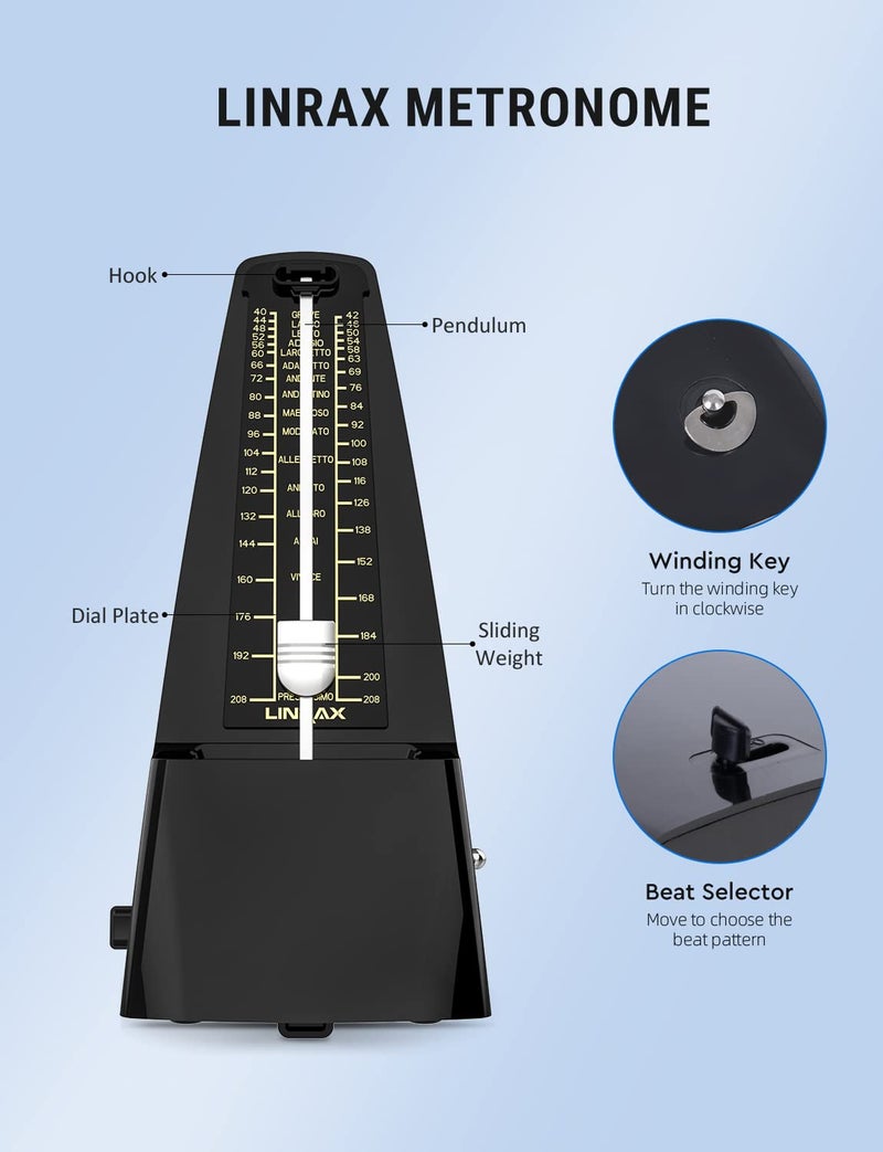 Linrax M1 Mechanical Metronome for Piano Guitar Bass Ukulele Drum Violin Cello Saxophone Trumpet and Other Musical Instruments, Track Tempo and Beat, Loud Sound, High Precision, Black - Image 2