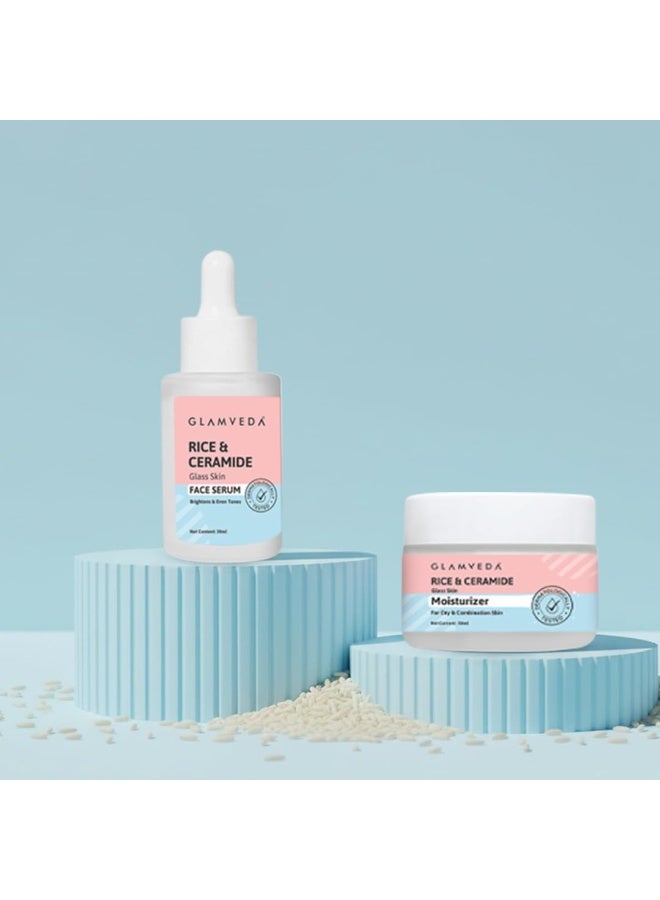 Glamveda Rice & Ceramide Face Serum & Moisturizer Combo for Dry & Sensitive Skin | Deep Hydration, Skin Barrier Repair & Nourishment | For Men & Women - Image 1