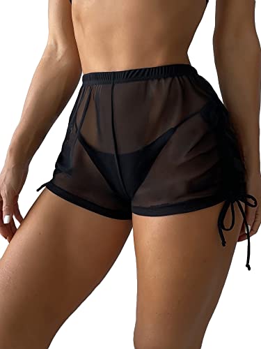 Falainetee Women's Drawstring Side Mesh Sheer Beach Summer Cover Up Shorts Bikini Bottoms Black S - Image 2