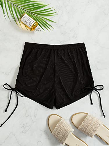 Falainetee Women's Drawstring Side Mesh Sheer Beach Summer Cover Up Shorts Bikini Bottoms Black S - Image 3
