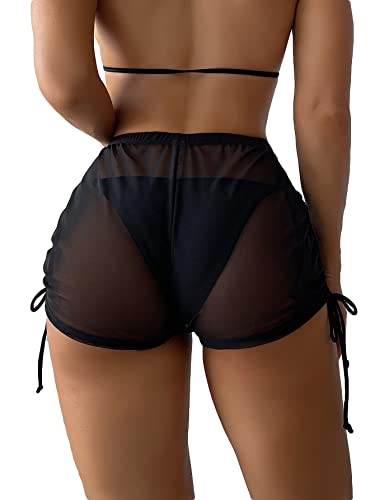 Falainetee Women's Drawstring Side Mesh Sheer Beach Summer Cover Up Shorts Bikini Bottoms Black S - Image 1