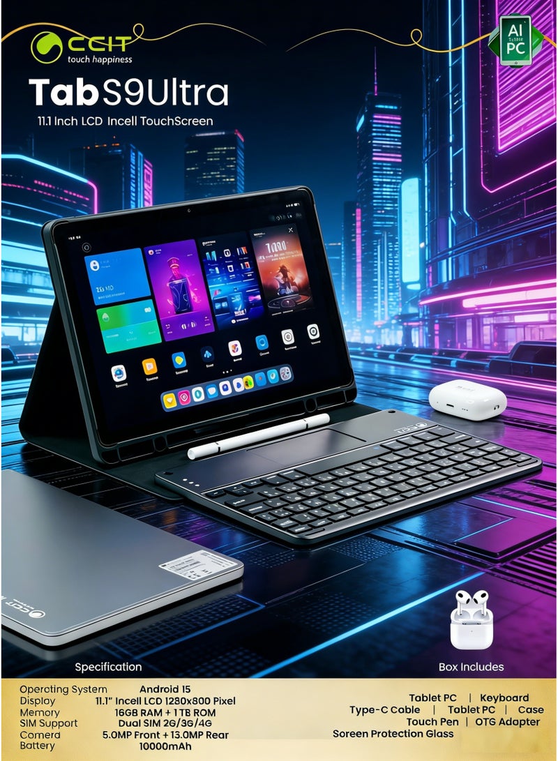 CCIT S9 Ultra Tablet 11-inch Display 1TB ROM 16GB RAM Android 15 with Keyboard, Stylus Touch Pen, Bluetooth Headset & Case - 4G Dual SIM Grey - Image 3