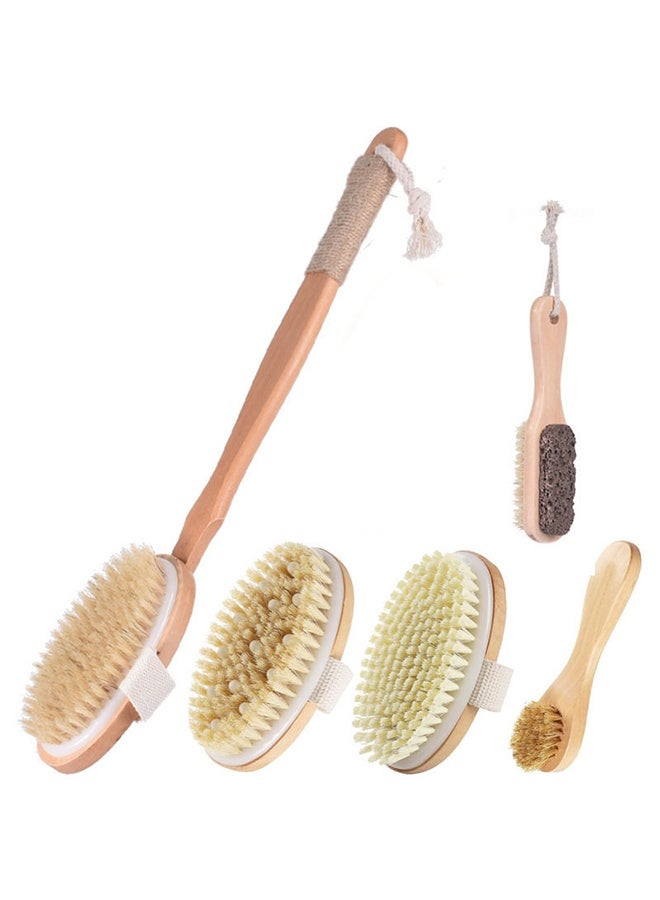 والالا مجموعة تنظيف جاف - فرشاة للجسم والوجه بشعيرات طبيعية، وحجر بركاني، وفرشاة تقشير خشبية بمقبض طويل للسيلوليت وتصريف اللمف، قابلة للفصل، 3 رؤوس فرشاة - Image 1