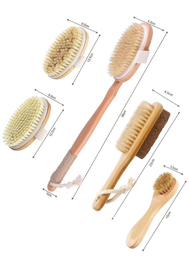 والالا مجموعة تنظيف جاف - فرشاة للجسم والوجه بشعيرات طبيعية، وحجر بركاني، وفرشاة تقشير خشبية بمقبض طويل للسيلوليت وتصريف اللمف، قابلة للفصل، 3 رؤوس فرشاة - Image 4