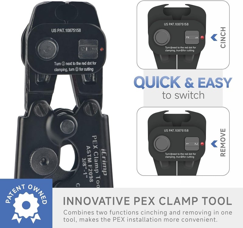 iCrimp Ratchet PEX Cinch Tool with Removing Function for 3/8-in, 1/2-in, 3/4-in, 1-in Stainless Steel Clamp, PEX Crimper with 20PCS 1/2-in, 10PCS 3/4-in PEX Clamps and Pipe Cutter- All in One - Image 3